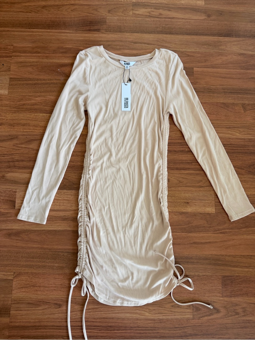Steve Madden Beige Long Sleeve Side-Ruched Mini Dress
